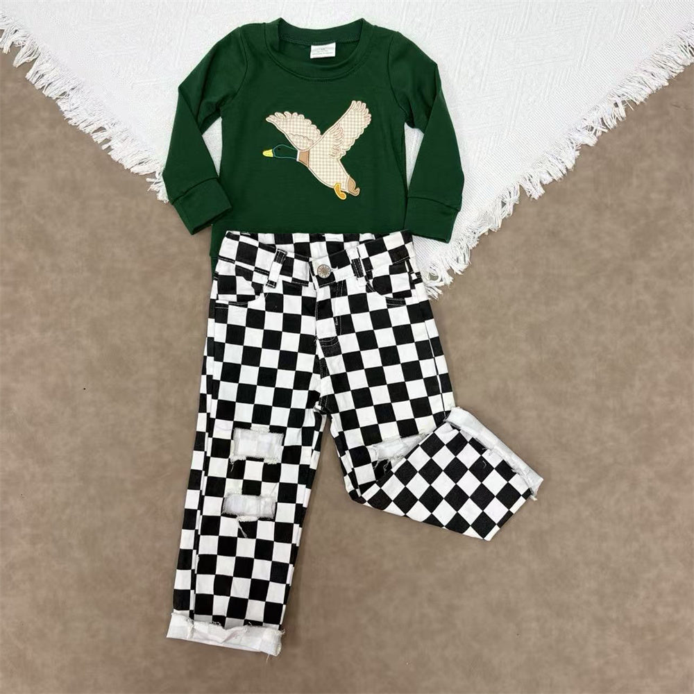 Baby Boys Applique Mallard Duck Green Top With Black Checked Denim Pants