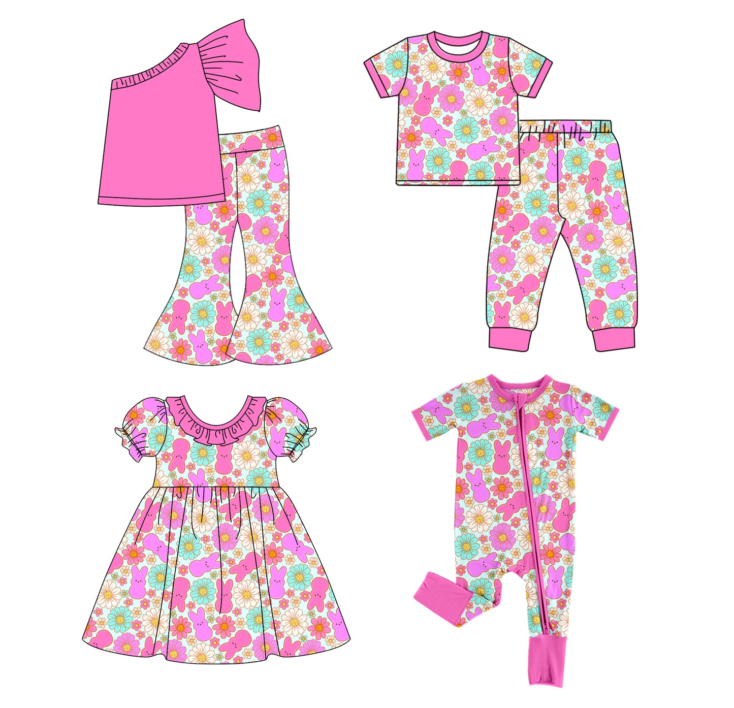 Sibling Baby Girls  Easter Hot Pink Bunny Flower Clothes