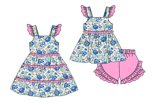 Toddler Baby Sibling Blue Floral Matching Set and Romper Preorder