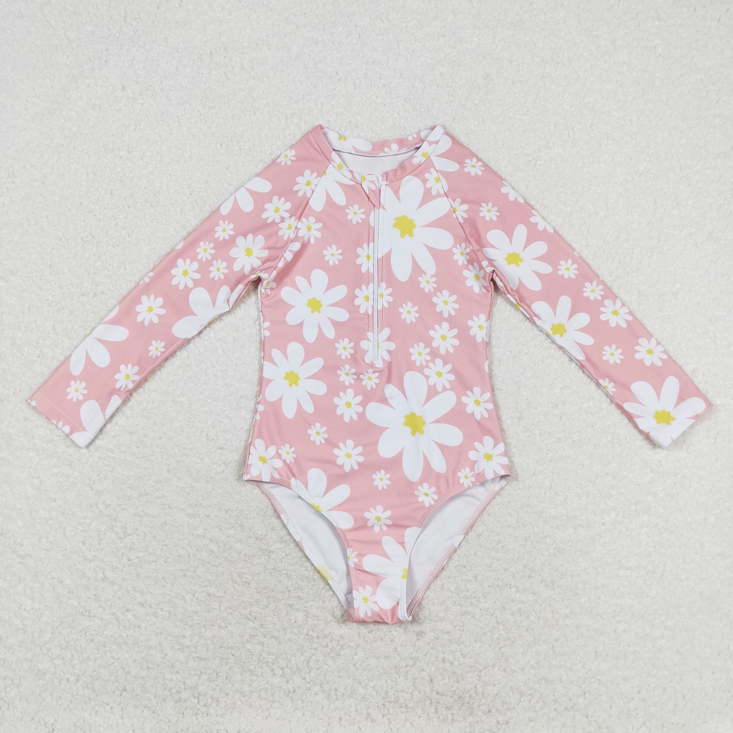 S0244 Kids Girls Daisy Flower Long Sleeve Swimsuit Swimwear