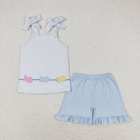 Kids Girls Summer Cute Fish Blue Shorts Set