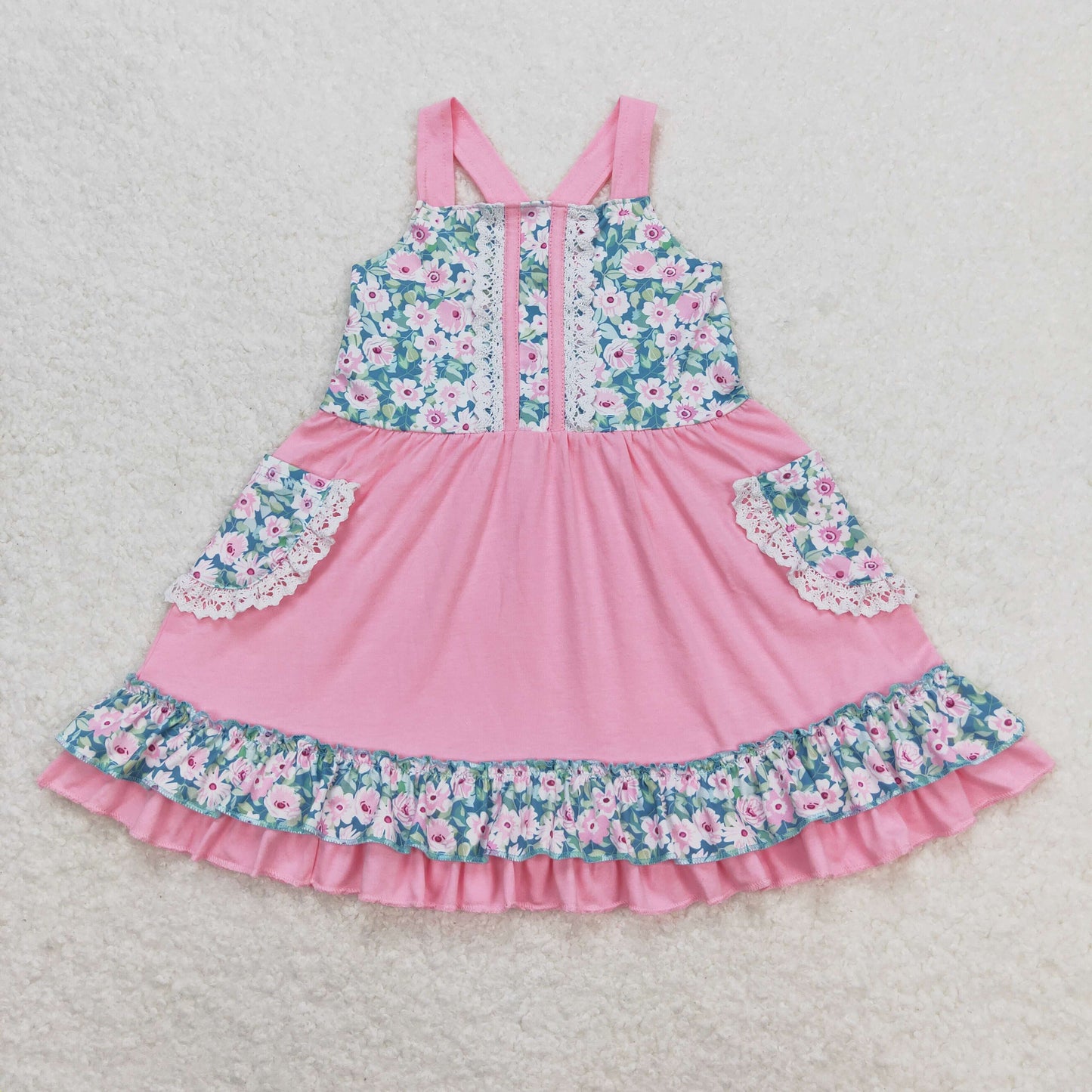 Kids Girls Floral Pink Strap Dress With Pocket