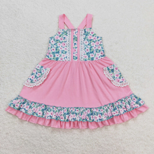 Kids Girls Floral Pink Strap Dress With Pocket