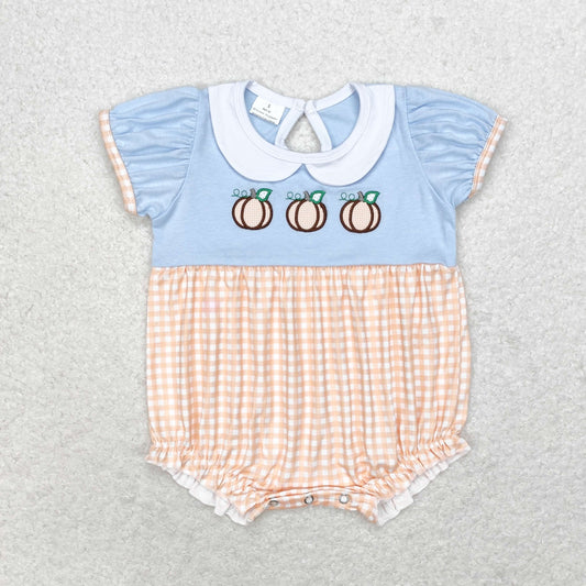 Newborn Baby Girls Pumpkin Gingham Short Sleeve Romper