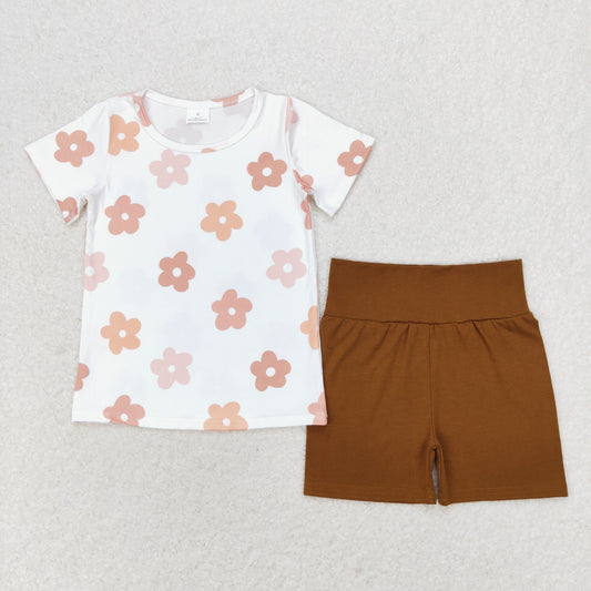 Baby Girls Flower Top Matching Brown Shorts Set