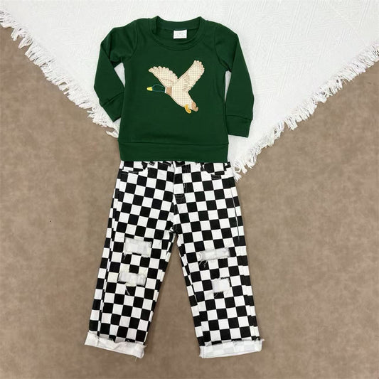 Baby Boys Applique Mallard Duck Green Top With Black Checked Denim Pants