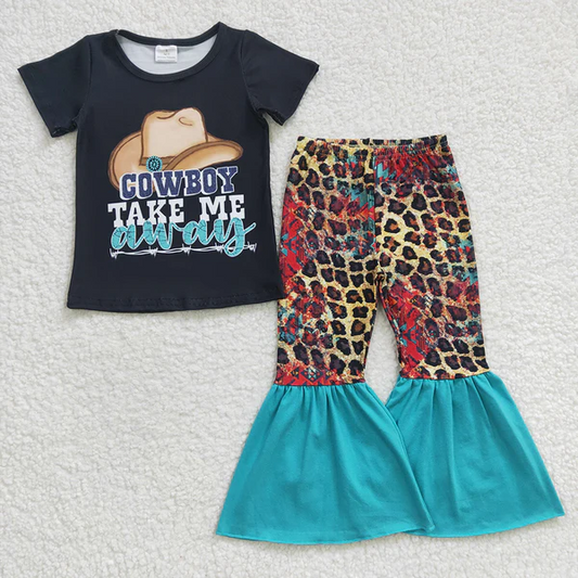 GSPO0373 Cowboy Take Me Away Baby Girls Bell Bottom Pants Outfit