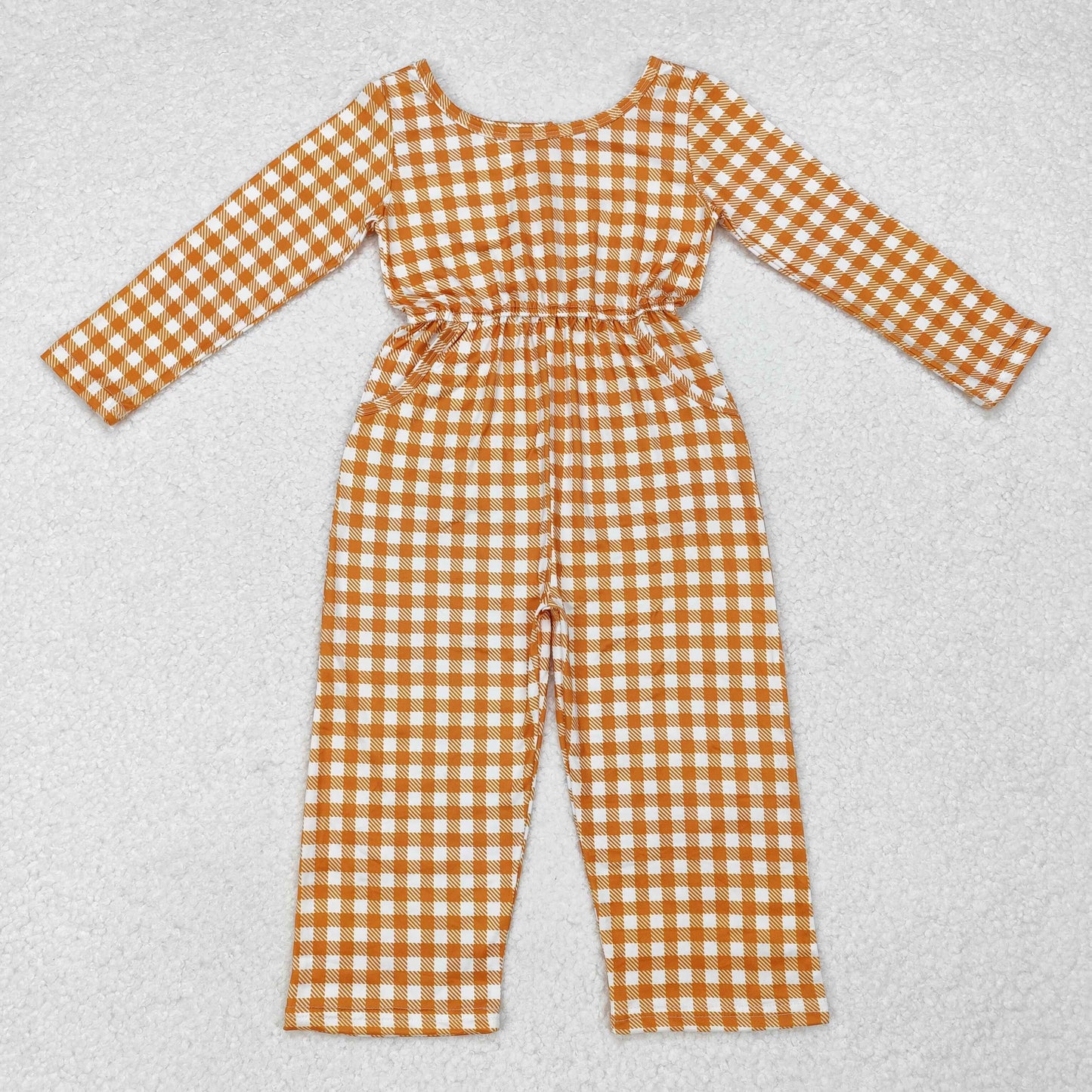 LR1840 Baby Girls Light Brown Gingham Jumpsuit