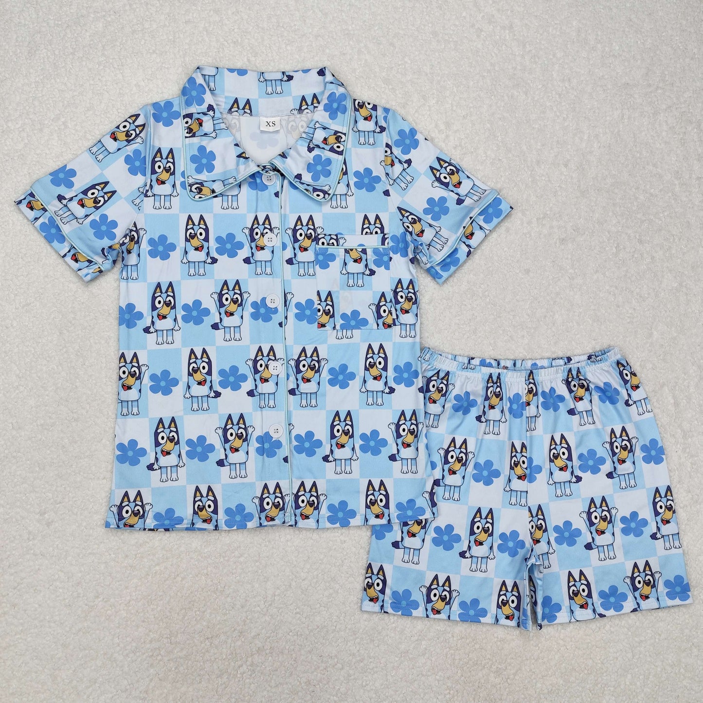 Sibling Mama And Me Blue Plaid Short Sleeves Button Down Cartoon Blue Dogs Top Shorts Pajamas Set