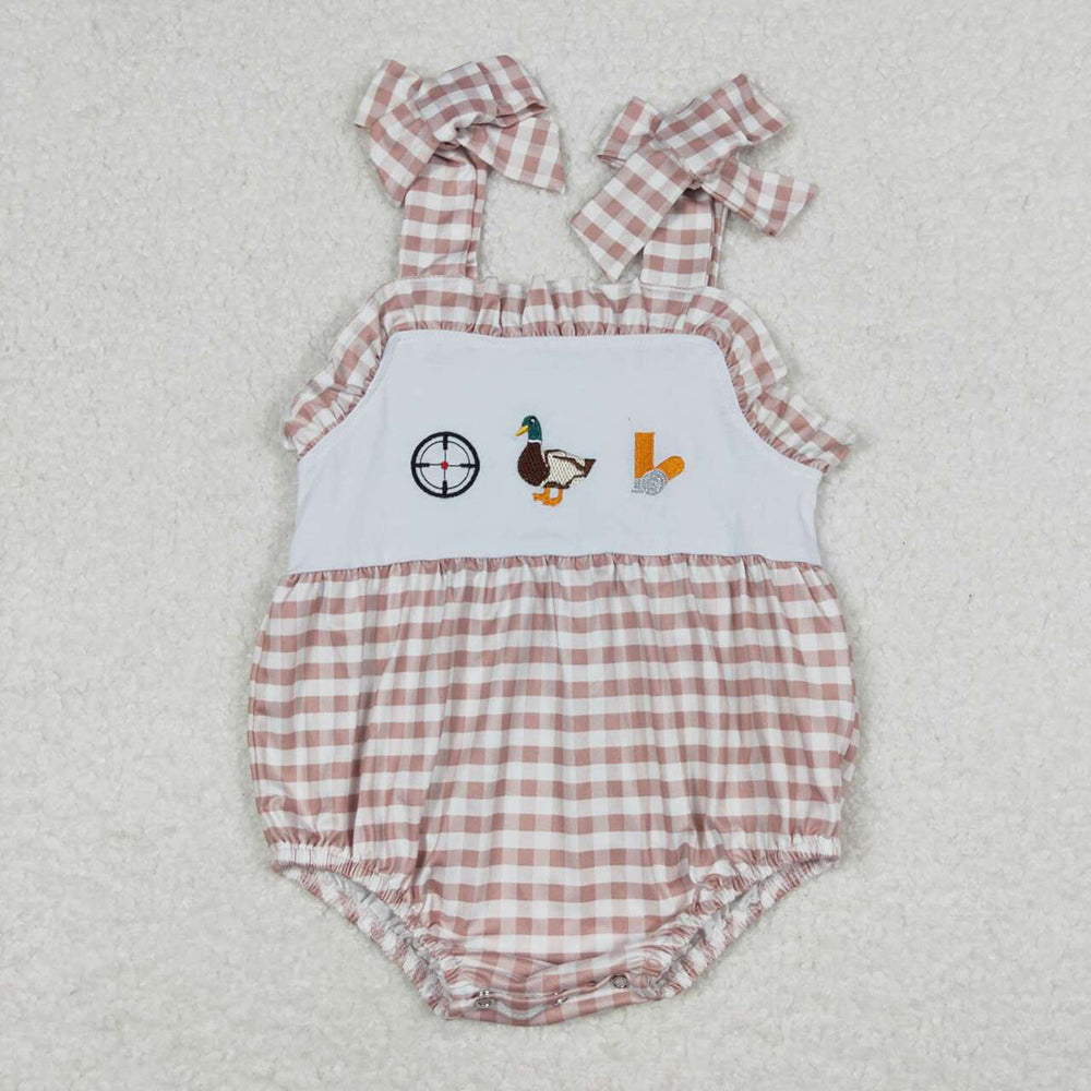 Sibling Baby Kids Khaki Plaid Embroidery Duck Top Set Dress And Rompers