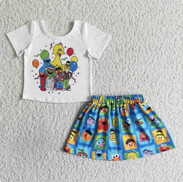 Baby Girls White Short Sleeves Cartoon Ballons Top Blue Skirts Set