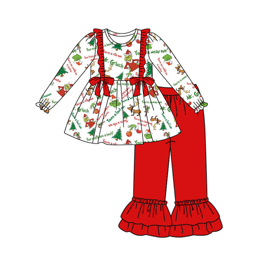 Baby Girls Christmas  Green Face Red Pants Outfit Preorder