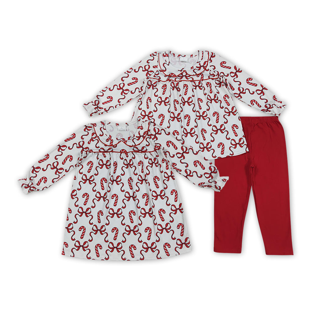 Sibling Girls Christmas Candy Cane Tunic Legging Clothes Sets and Dress