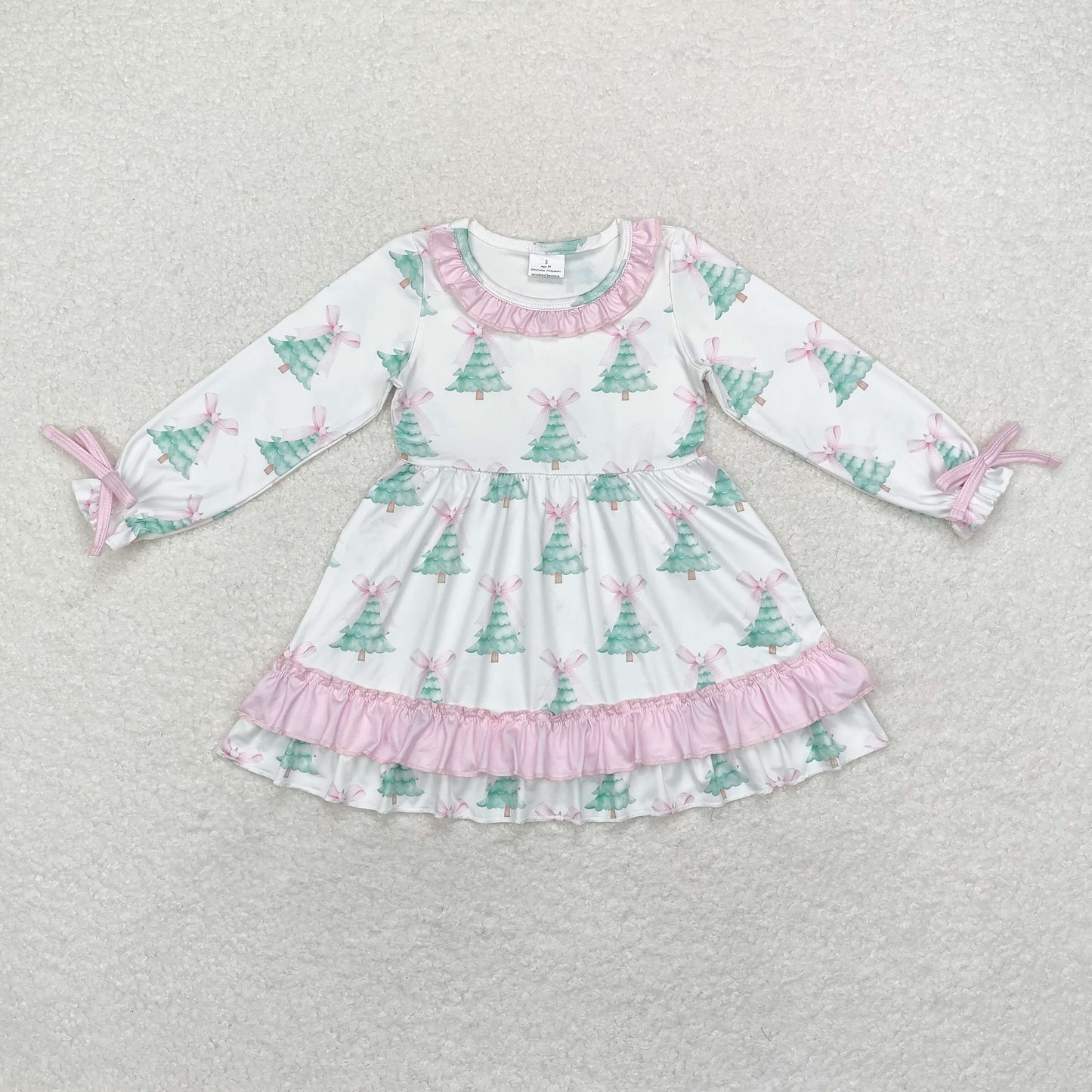 Baby Girls Christmas Tree Pink Bow Long Sleeve Dress