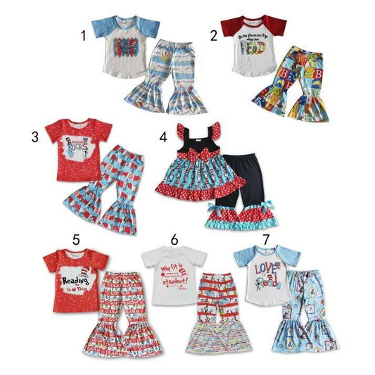 Sibling Baby Girls Short Sleeves Dr Reding Top Bell Bottom Pant Set