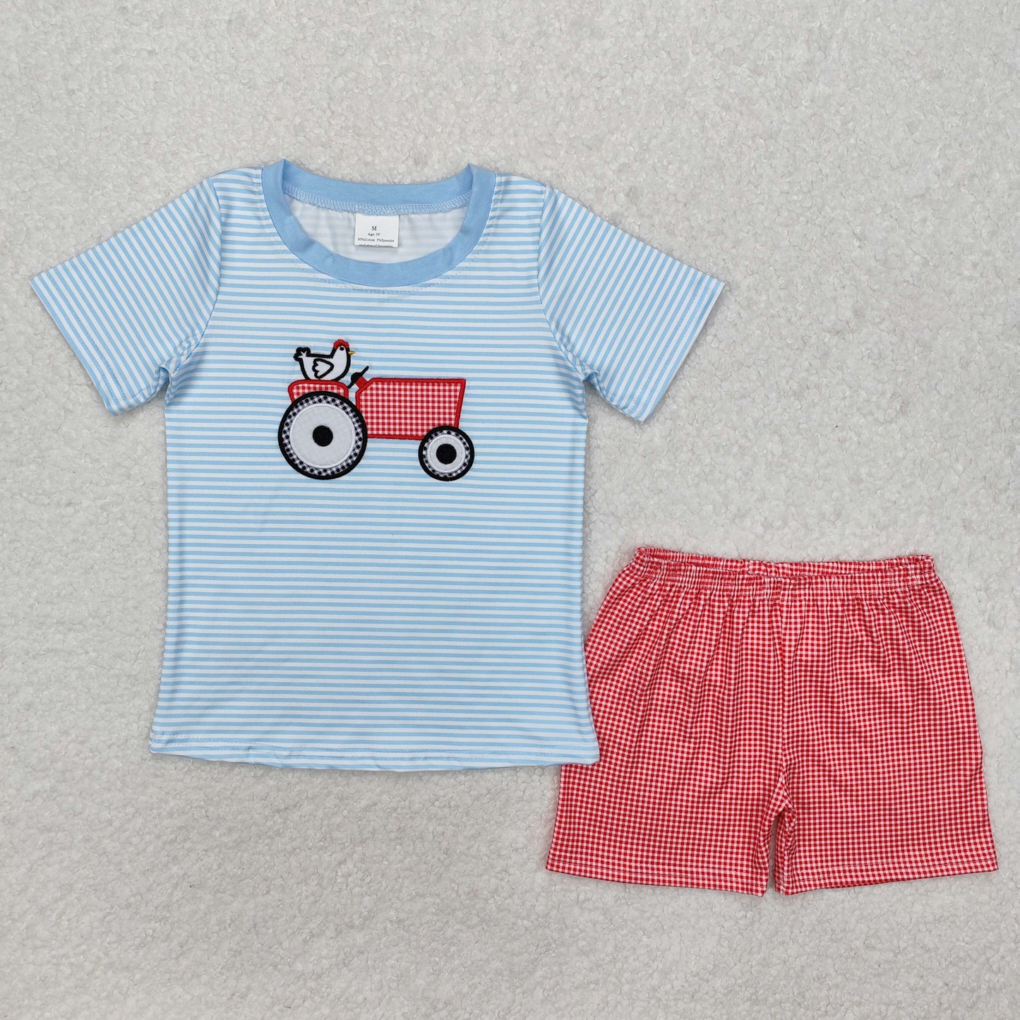 Sibling Baby Kids Blue Stripe Embroidery Chicken Truck Top Red Plaid Short Farm Set And Rompers