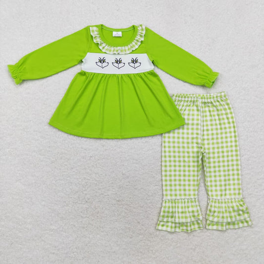 Girls Christmas Set Embroidery Green Face Cartoon