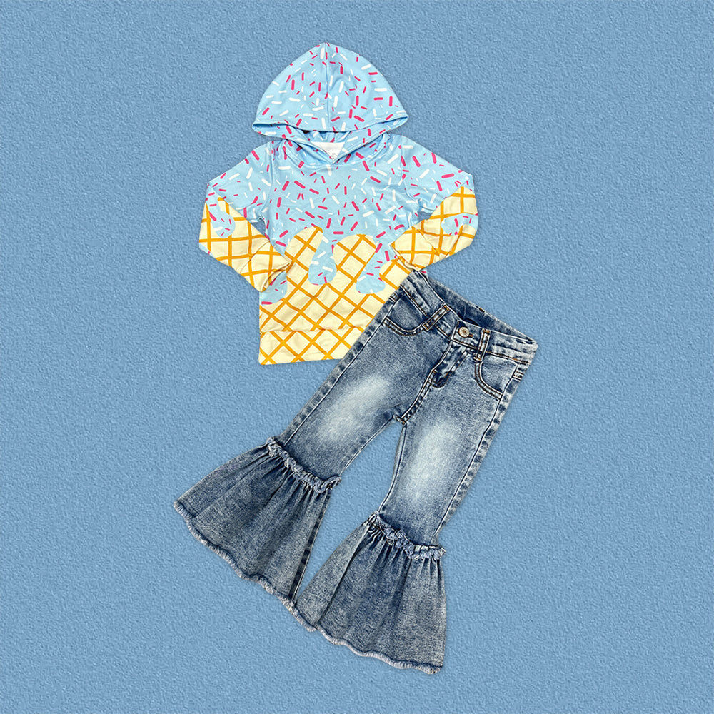 Ice Cream Drip Blue Hoodie Top With Bell Bottom Jeans Set