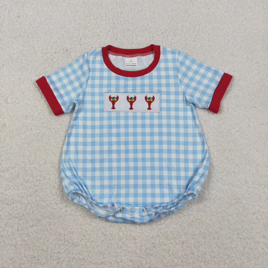 Baby Boys Mardi Gras Caryfish Blue Gingham Short Sleeve Bubble Romper