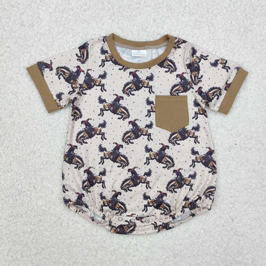 Baby Boys Short Sleeves Horse Rodeo Khaki Poclet Western Romper