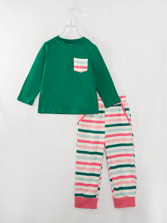 Christmas Boys Green Top Matching Striped Pants Set Preorder 3 MOQ