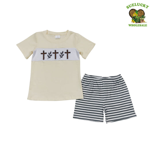 Kids Boys Easter Cross Leaves Green  Striped Shorts Set