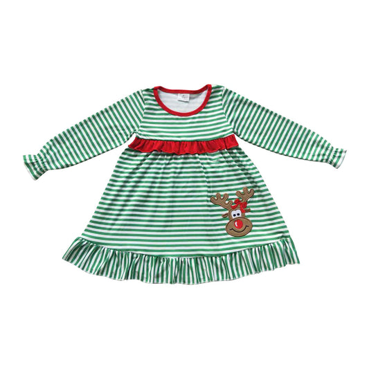 GLD0207 Christmas Reindeer Green Striped Girls Dress