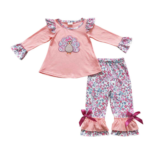 Kids Girls Embroidery Thanksgiving Turkey Pink Set