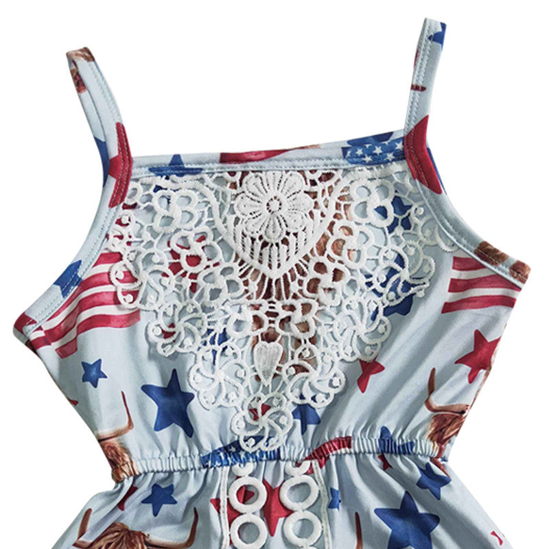 SR0053  Baby Girls Highland Cow July 4th Jumpsuit