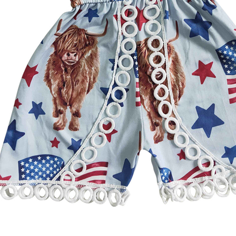 SR0053  Baby Girls Highland Cow July 4th Jumpsuit