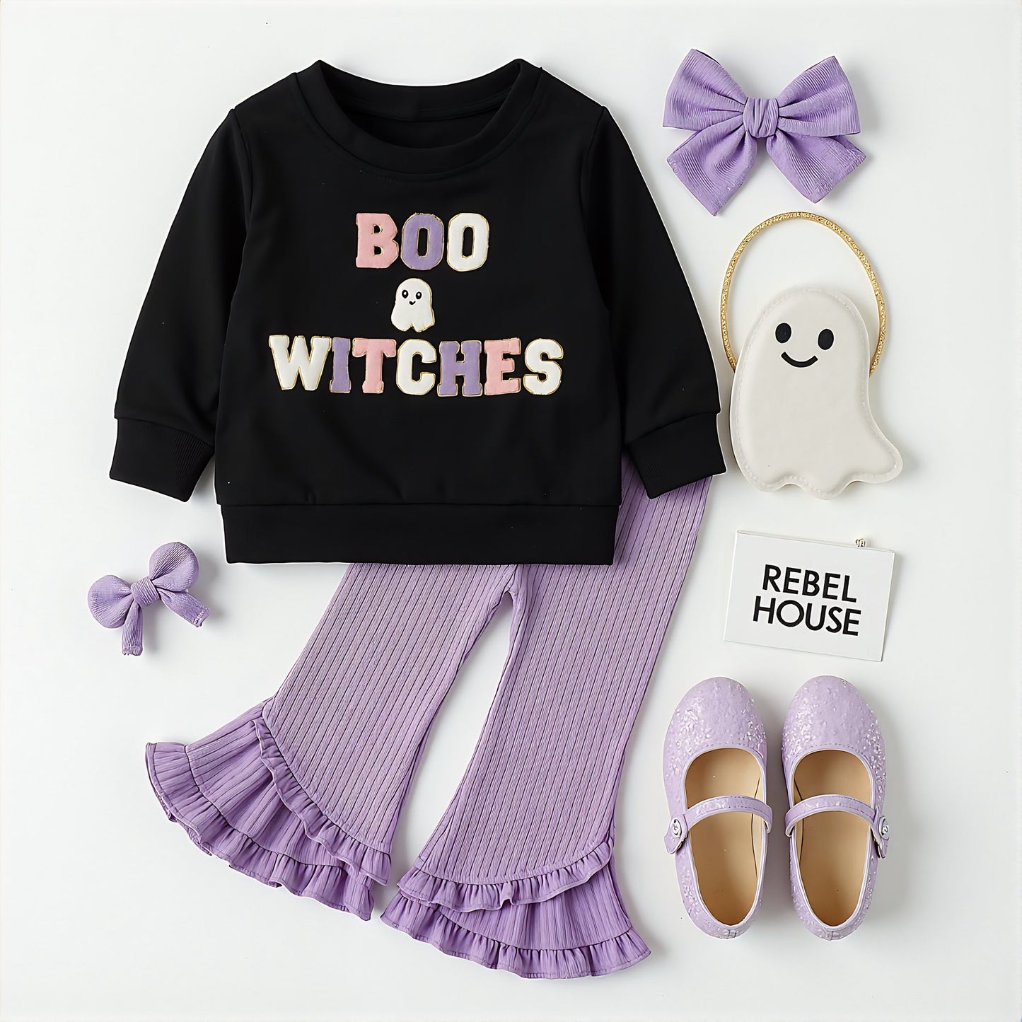 Preorder kids girls cute  boo witches halloween bell bottom pants outfit 5 moq