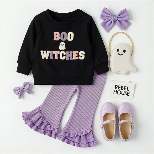 Preorder kids girls cute  boo witches halloween bell bottom pants outfit 5 moq