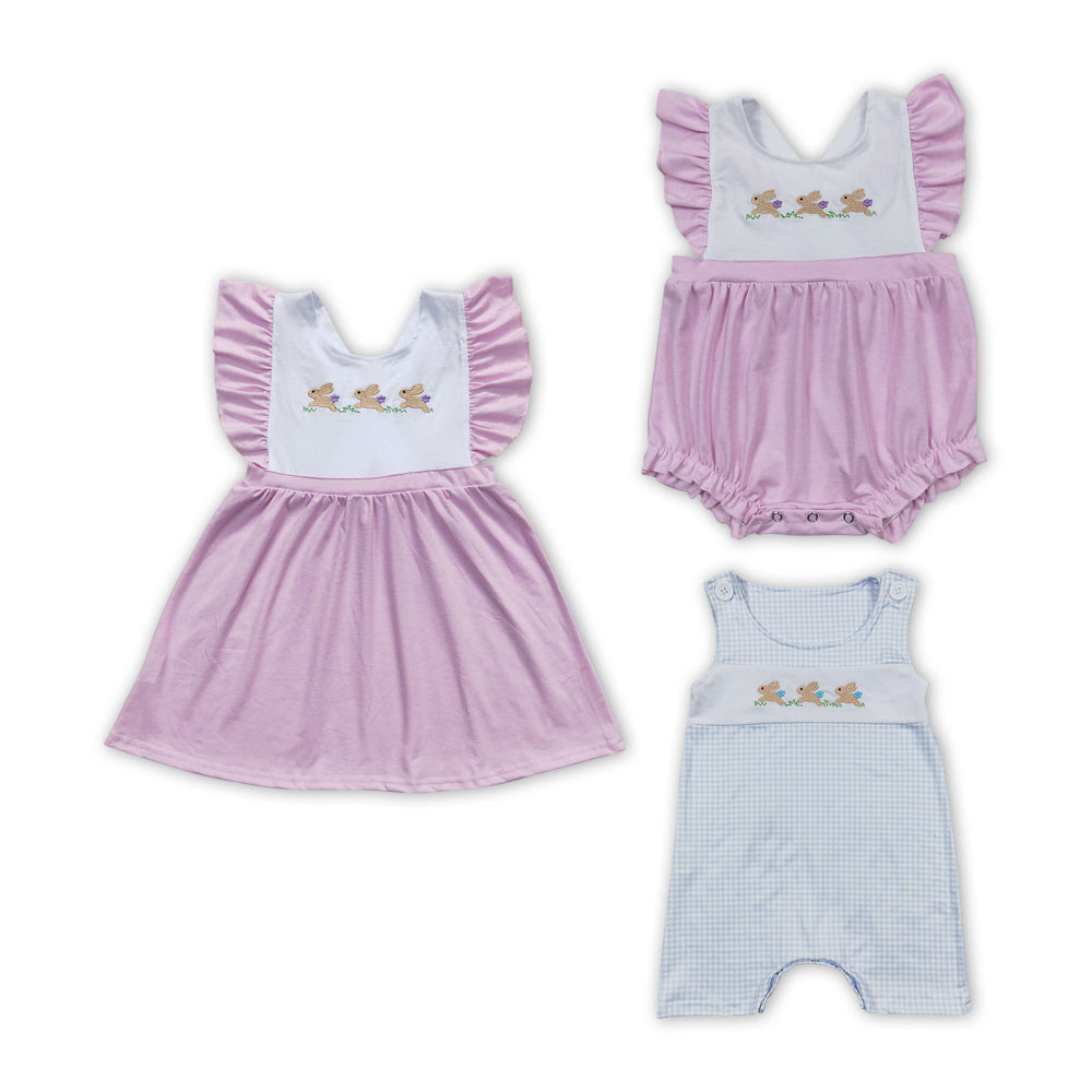 Sibling Baby Kids Embroidery Bunny Easter Dress And Rompers