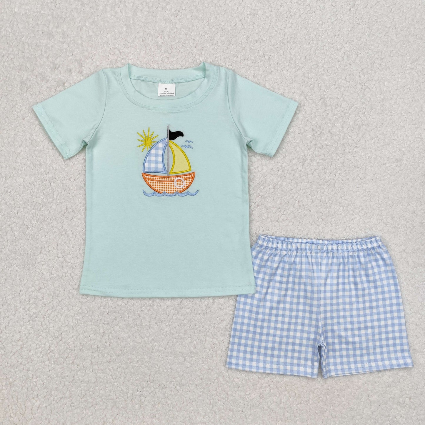 Baby Boys Embroidery Sun Boats Aqua Short Sleeves Top Blue Plaid Short Set