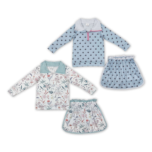 Sibling Baby Girls Zipper Pullover Floral Print Top Skirt With Shorts Set