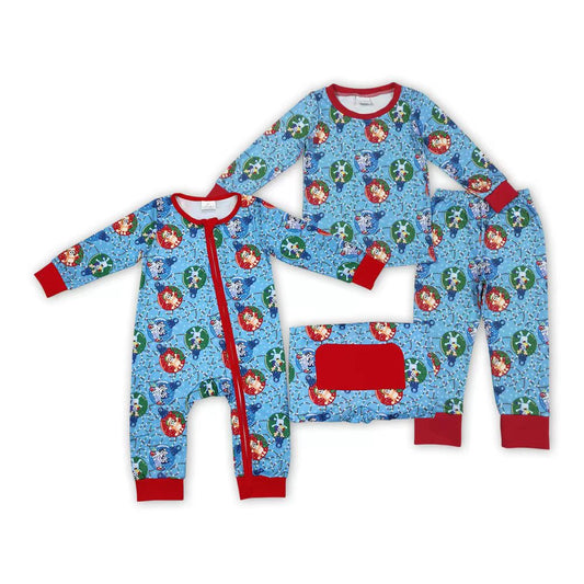 Kids Boys Sibling  Chrismtas Blue Dog Pajama Set and Romper