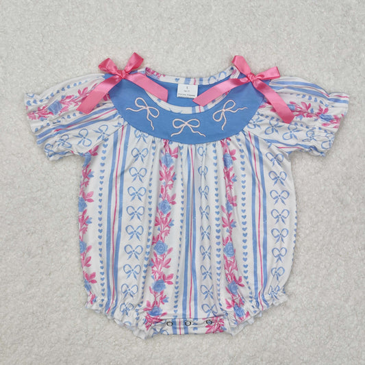 Sibling Baby Girls Embroidery Pink Bows And Blue Bow Stripe Dress and Romper