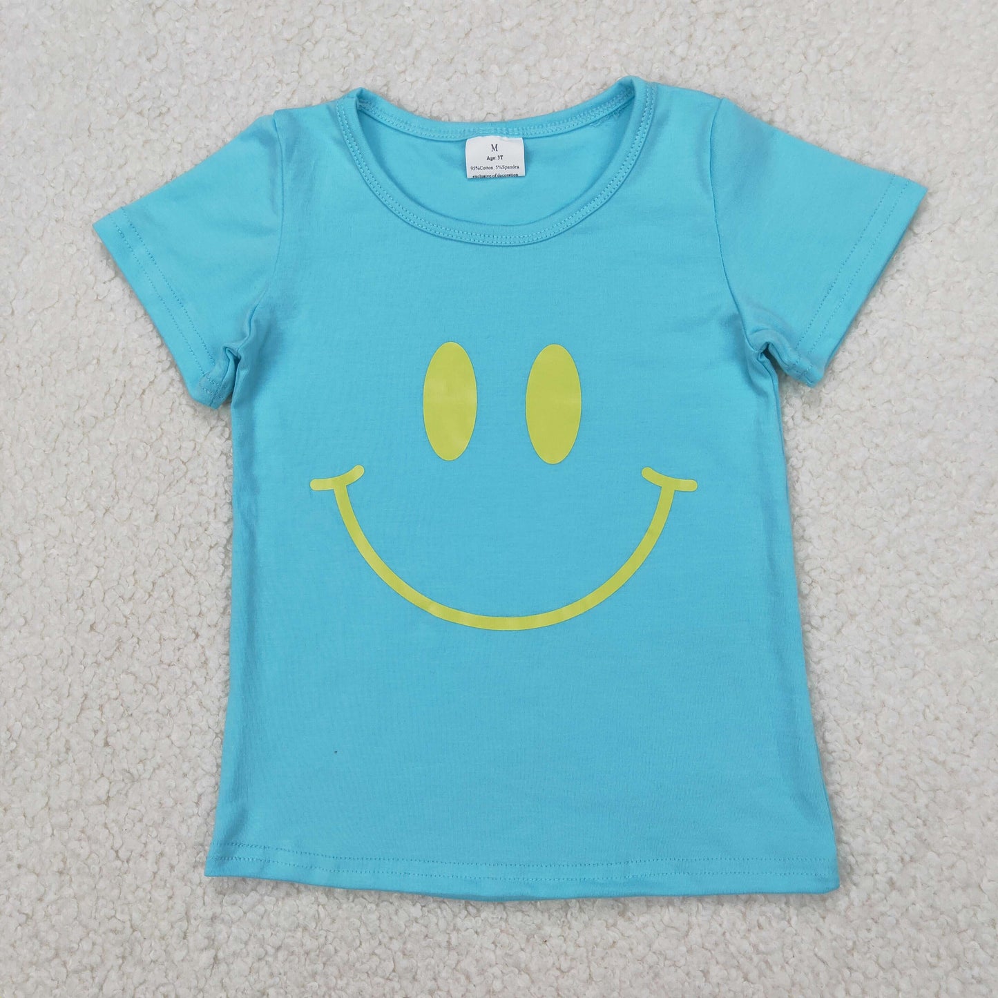 Baby Girls Happy Face Blue Short Sleeve T-shirt Top