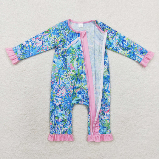 Newborn Baby Girls Tropical Floral Long  Sleeve Zip Bamboo Romper