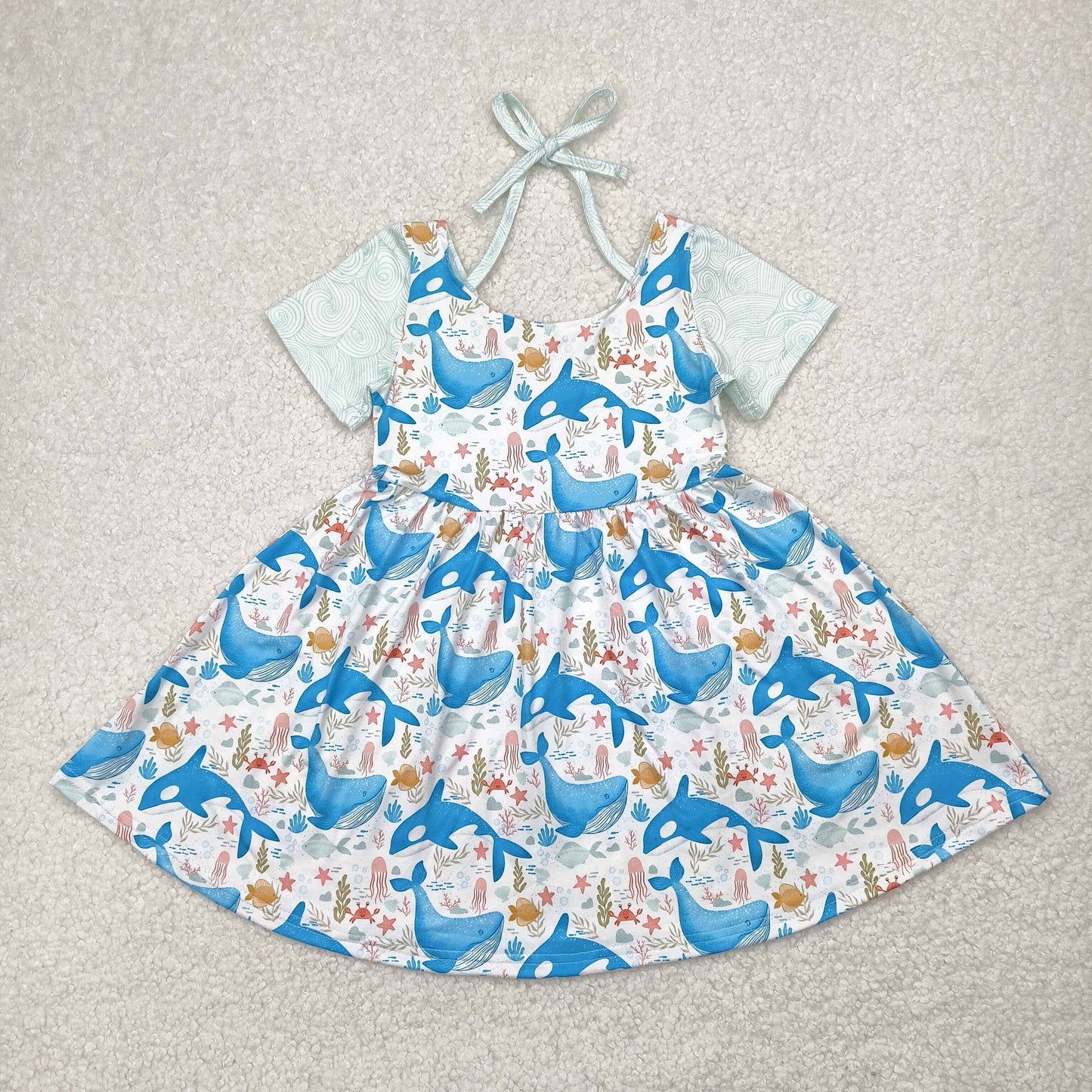 Baby Girls Light Blue Short Sleeves Floral Whale Dress