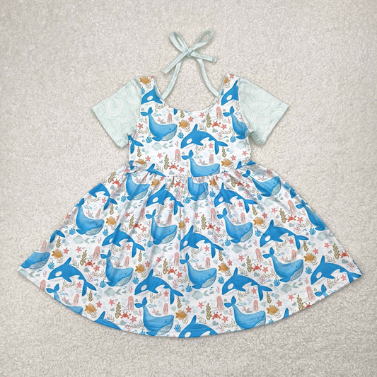 Baby Girls Light Blue Short Sleeves Floral Whale Dress