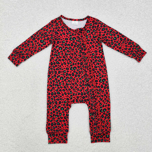 LR1962 Baby Girls Christmas Green Leopard Zippy Romper