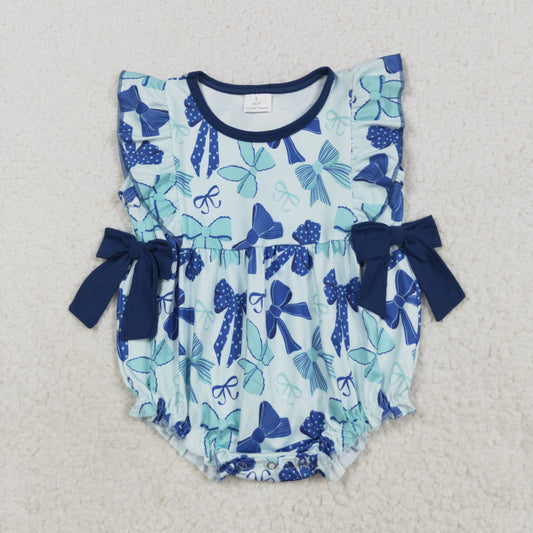 Baby Girls Blue Bow Flutter Sleeve Bubble Romper