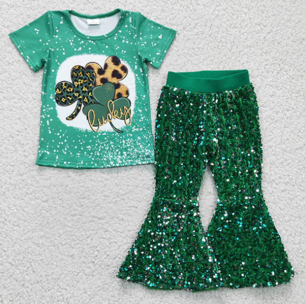 Lucky Clovers Top Matching Green Sequin Bell Bottom Pants St Patrick Set