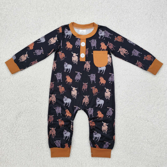 Newborn Baby Boys Western Cows Long Sleeve Button Down Pocket Romper