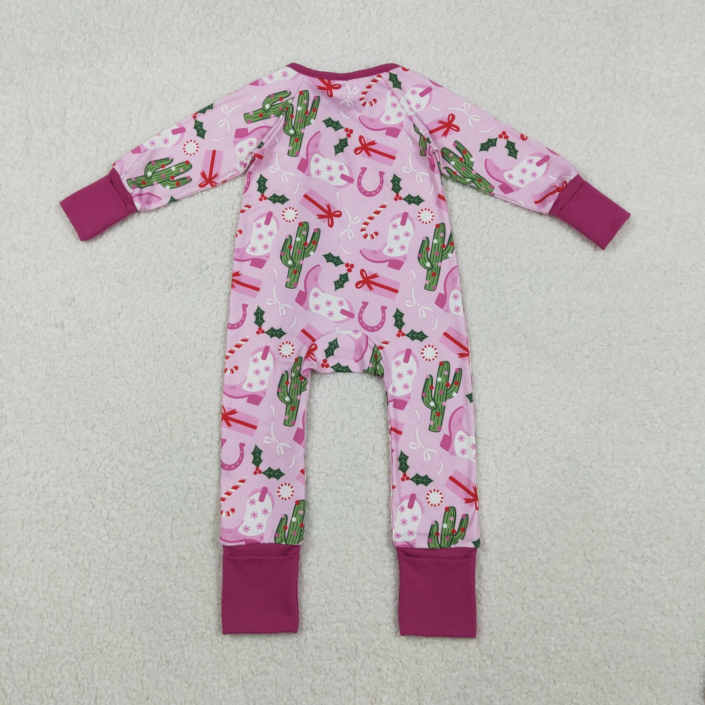 Baby Girls Christmas Cactus Boots Pink Long Sleeve Zipper Romper
