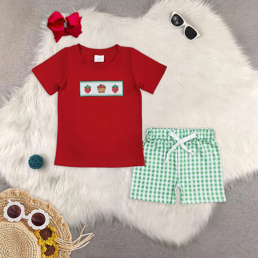 Summer Baby Boys Brother Embroidery Strawberry Shorts Set Romper
