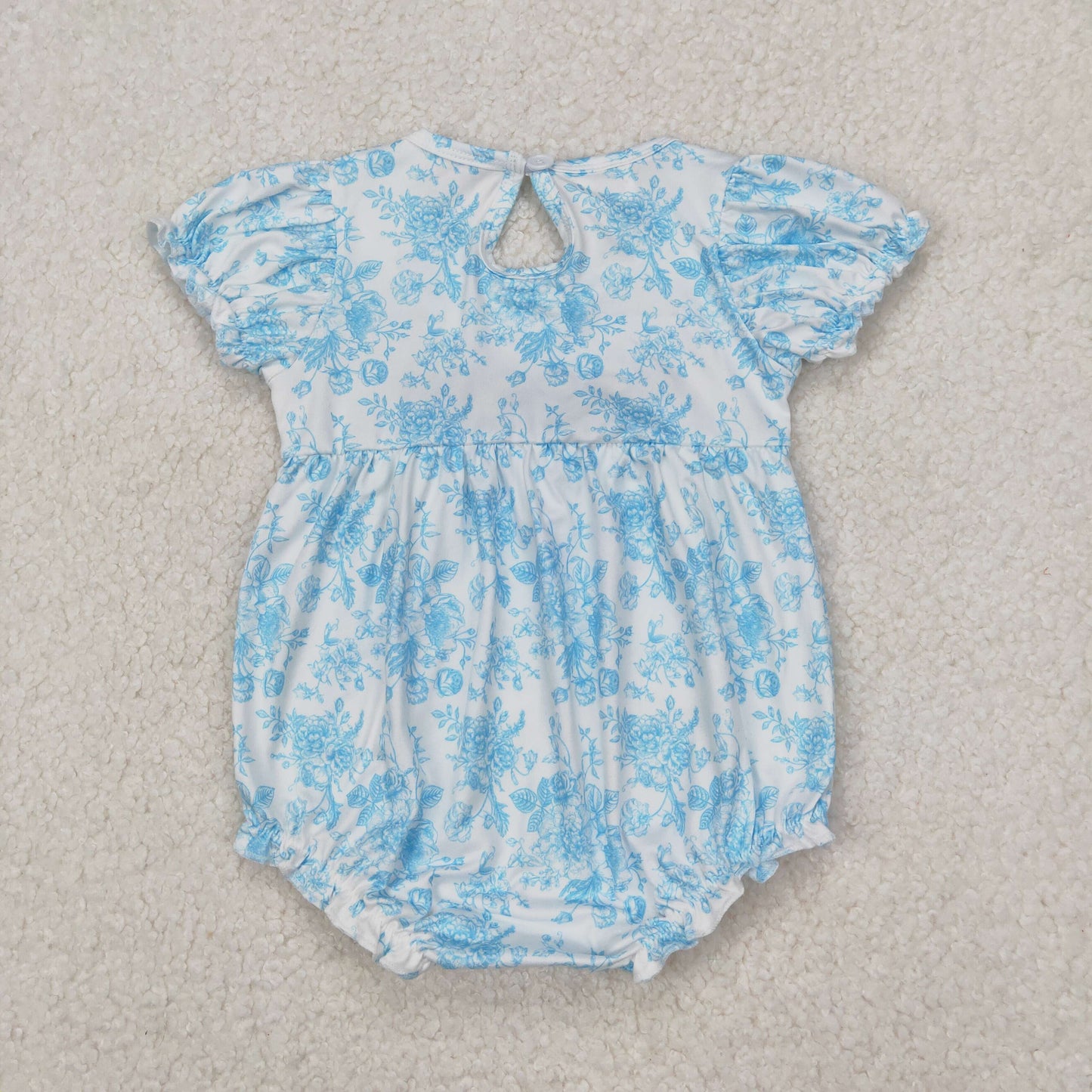 Baby Girls Blue Short Ruffle Sleeves Embroidery Bows Top Floral Rompers