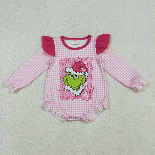 LR2554 Baby Girls Christmas Green Face Pink Gingham Bubble Romper
