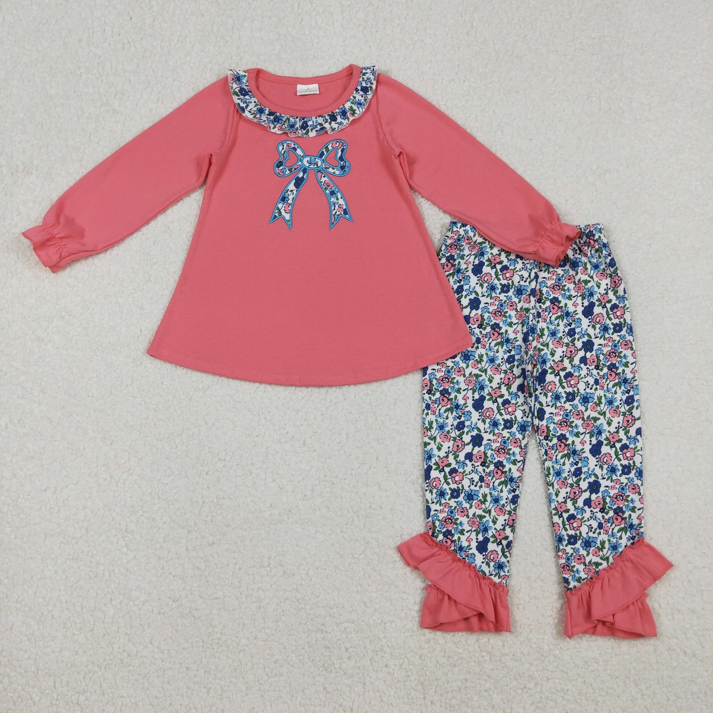 GLP2777 Brookhaven Bows Applique  Pink Tunic Top With Floral Ruffle Pants Set